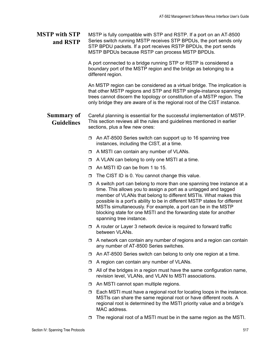 Mstp with stp and rstp, Summary of guidelines, Mstp with stp and rstp summary of guidelines | Allied Telesis AT-S62 User Manual | Page 517 / 822