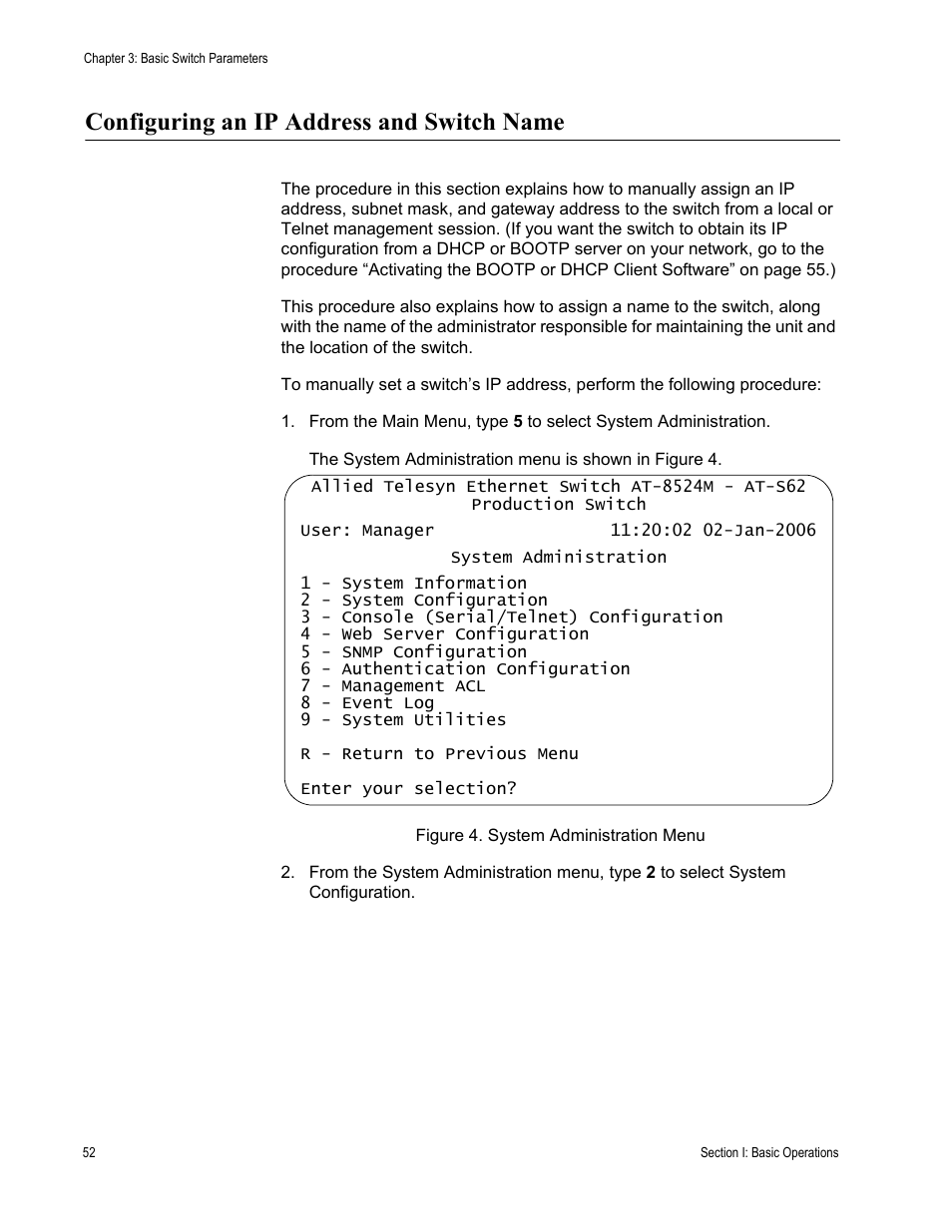 Configuring an ip address and switch name, Figure 4: system administration menu | Allied Telesis AT-S62 User Manual | Page 52 / 822
