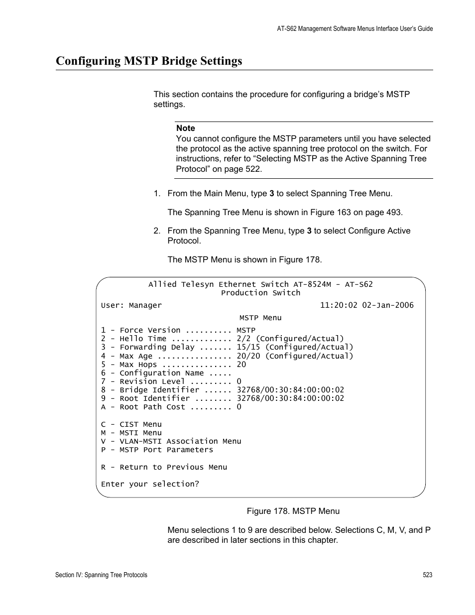 Configuring mstp bridge settings, Figure 178: mstp menu | Allied Telesis AT-S62 User Manual | Page 523 / 822