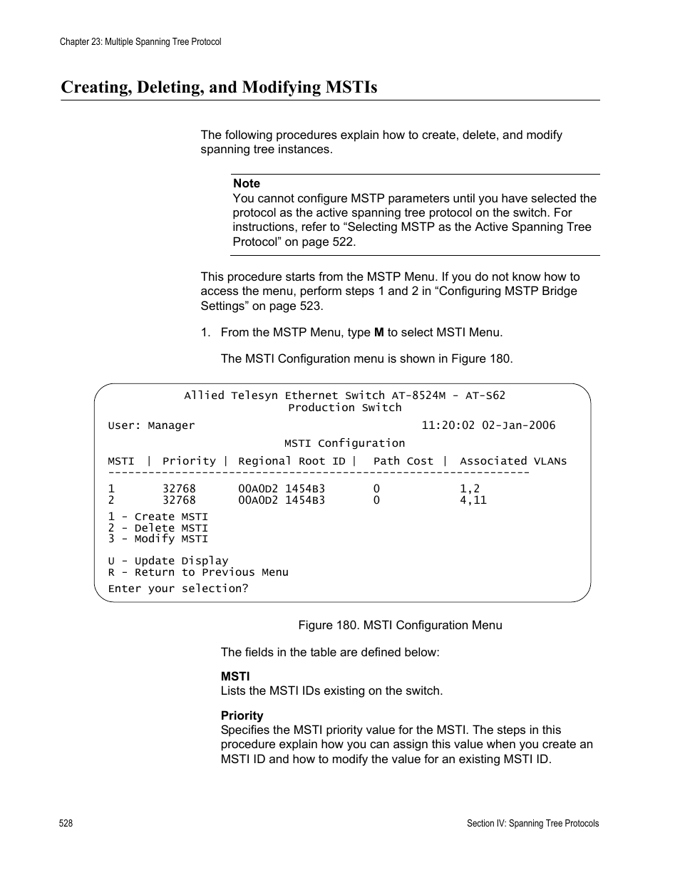 Creating, deleting, and modifying mstis, Figure 180: msti configuration menu | Allied Telesis AT-S62 User Manual | Page 528 / 822