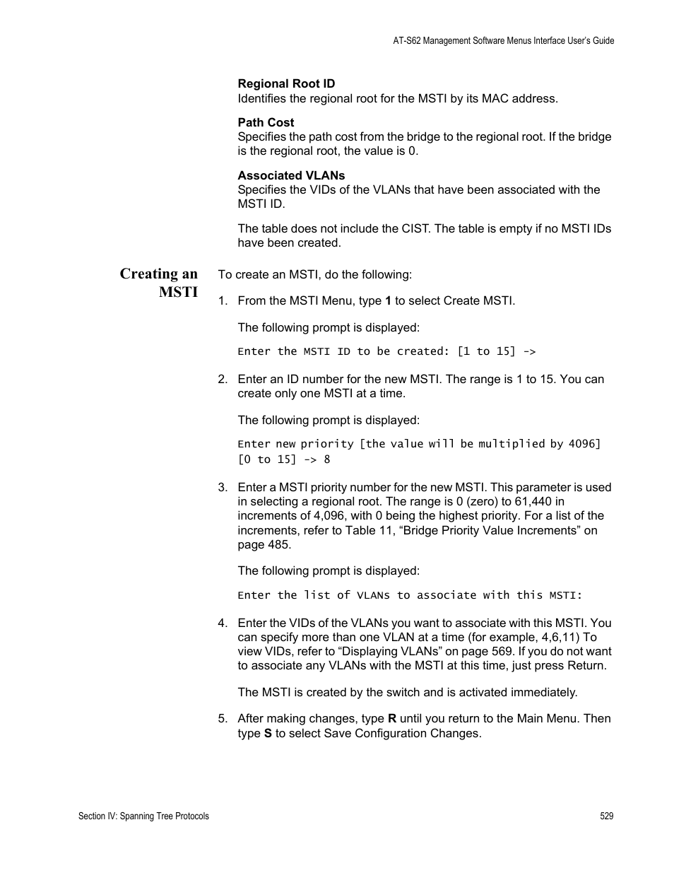 Creating an msti | Allied Telesis AT-S62 User Manual | Page 529 / 822