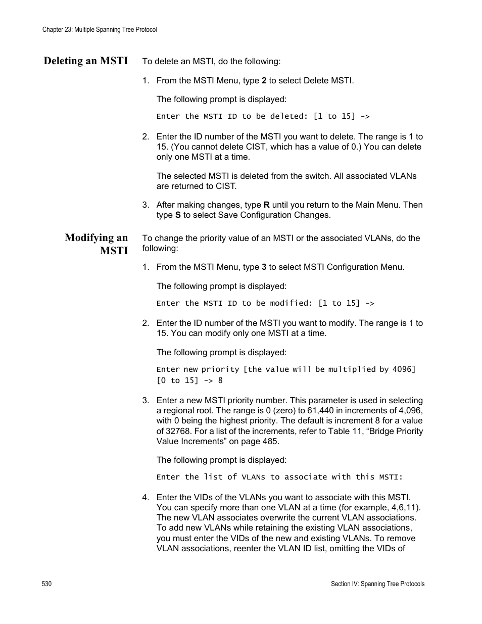 Deleting an msti, Modifying an msti, Deleting an msti modifying an msti | Allied Telesis AT-S62 User Manual | Page 530 / 822