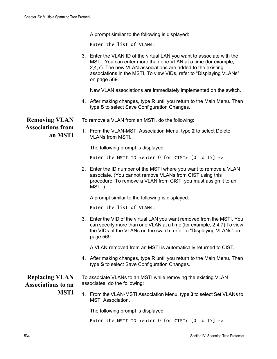 Removing vlan associations from an msti, Replacing vlan associations to an msti | Allied Telesis AT-S62 User Manual | Page 534 / 822