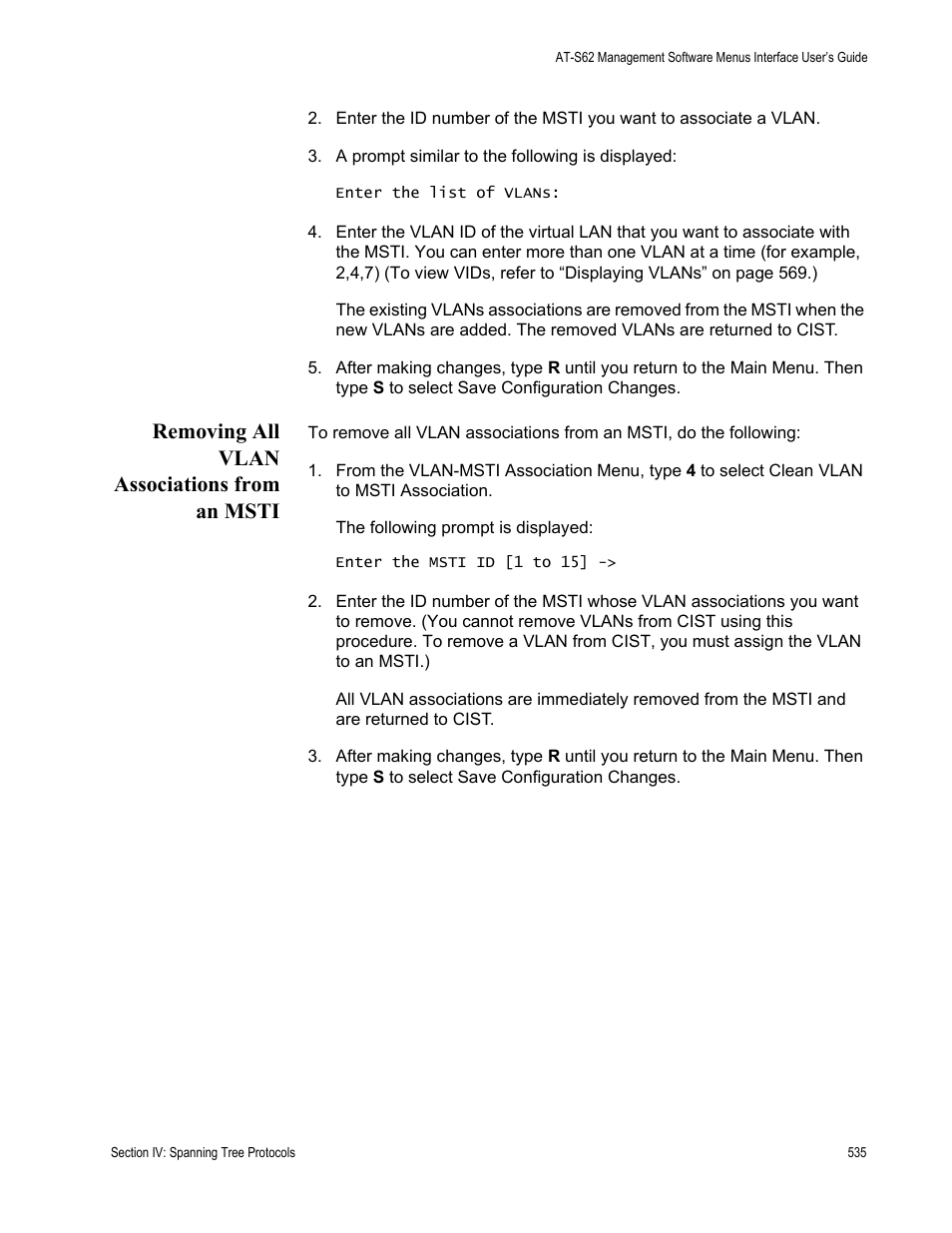 Removing all vlan associations from an msti | Allied Telesis AT-S62 User Manual | Page 535 / 822