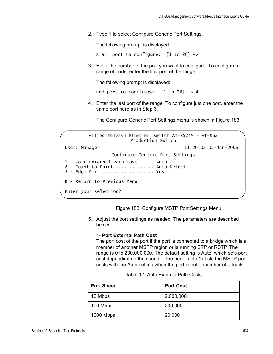 Figure 183: configure mstp port settings menu | Allied Telesis AT-S62 User Manual | Page 537 / 822