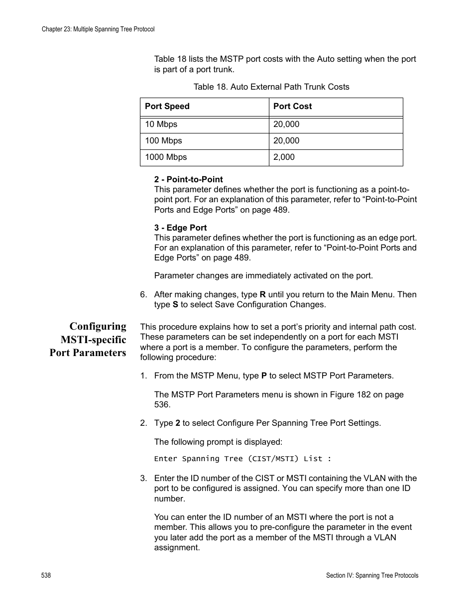 Configuring msti-specific port parameters | Allied Telesis AT-S62 User Manual | Page 538 / 822