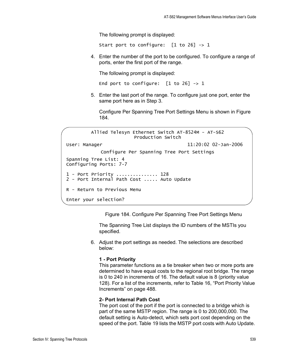 Configure per spanning tree port settings menu | Allied Telesis AT-S62 User Manual | Page 539 / 822