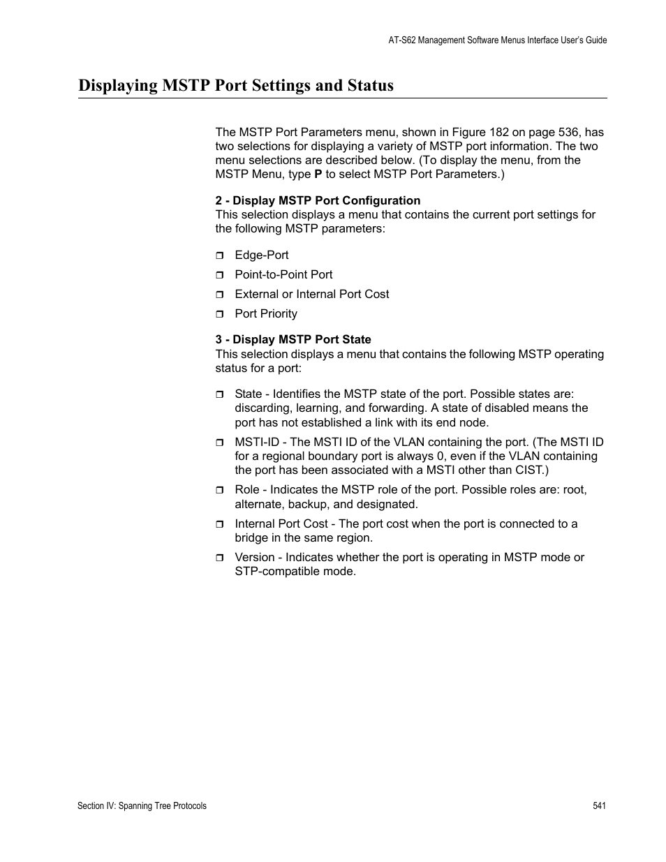 Displaying mstp port settings and status | Allied Telesis AT-S62 User Manual | Page 541 / 822