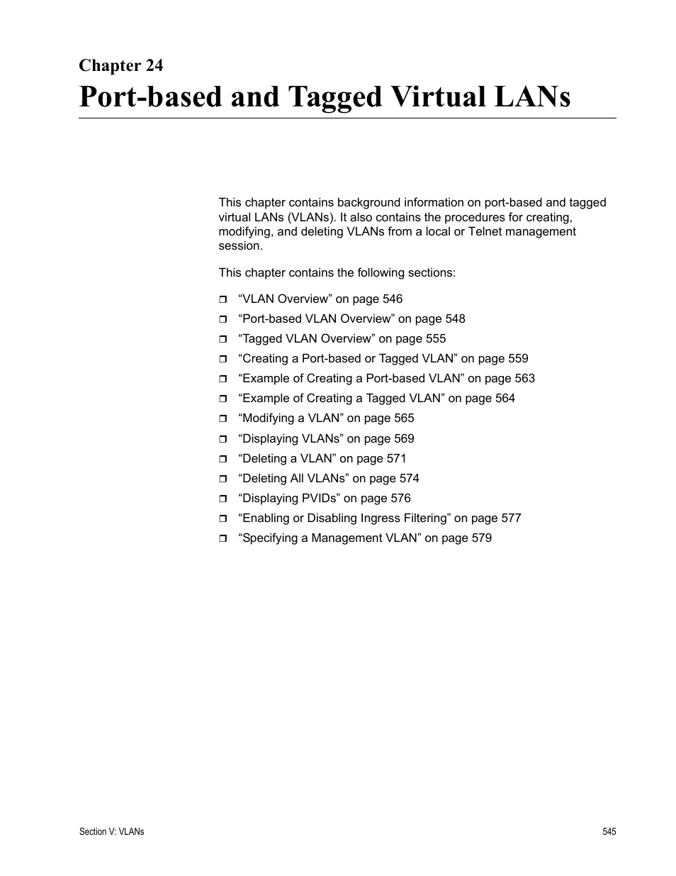Chapter 24, Port-based and tagged virtual lans, Chapter 24: port-based and tagged virtual lans | Allied Telesis AT-S62 User Manual | Page 545 / 822