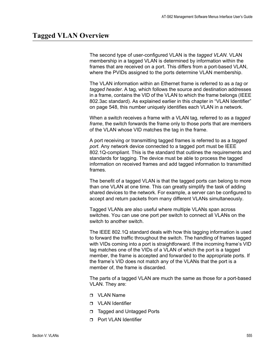 Tagged vlan overview | Allied Telesis AT-S62 User Manual | Page 555 / 822