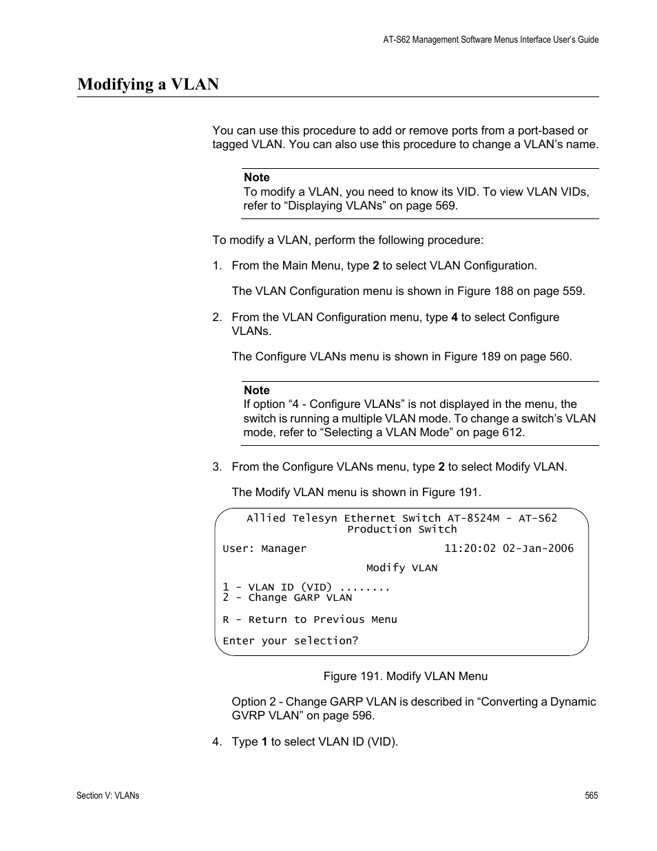 Modifying a vlan, Figure 191: modify vlan menu | Allied Telesis AT-S62 User Manual | Page 565 / 822