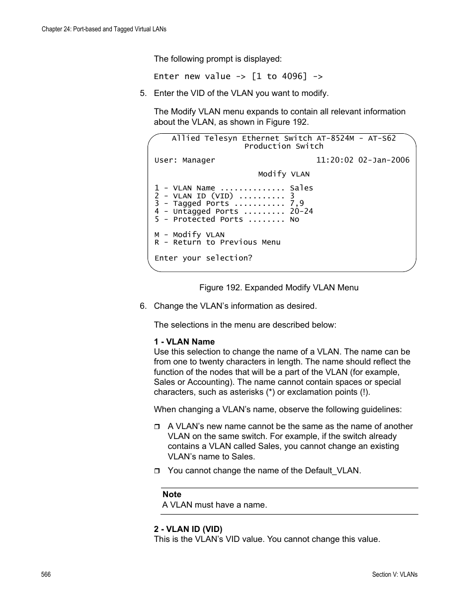 Figure 192: expanded modify vlan menu | Allied Telesis AT-S62 User Manual | Page 566 / 822