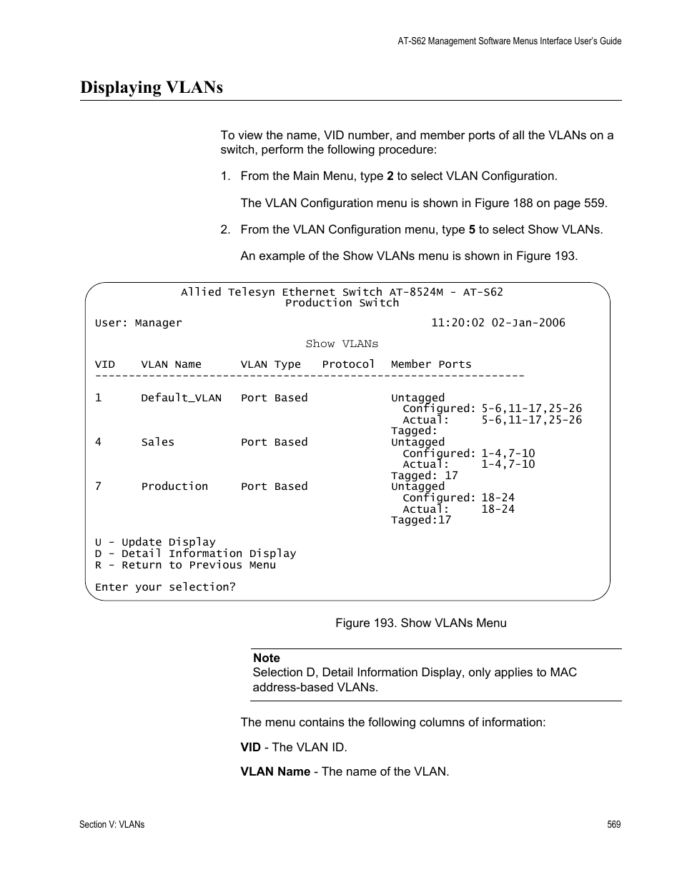 Displaying vlans, Figure 193: show vlans menu | Allied Telesis AT-S62 User Manual | Page 569 / 822