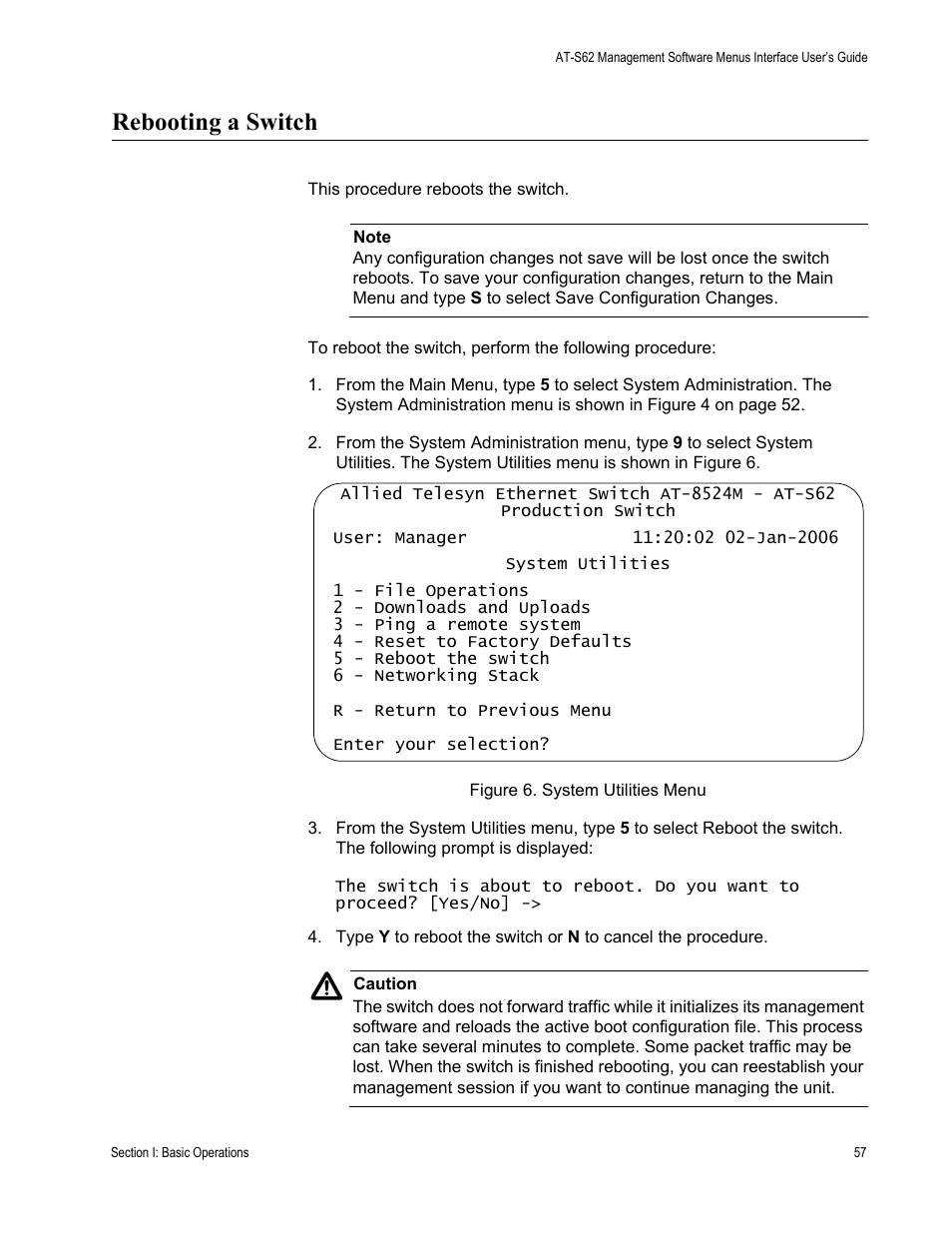 Rebooting a switch, Figure 6: system utilities menu | Allied Telesis AT-S62 User Manual | Page 57 / 822