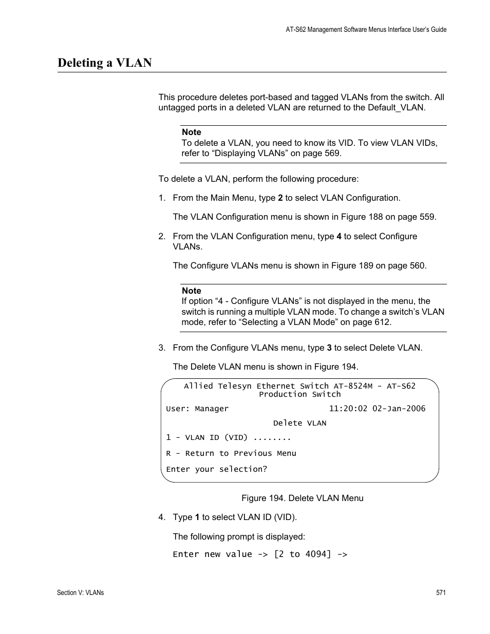 Deleting a vlan, Figure 194: delete vlan menu | Allied Telesis AT-S62 User Manual | Page 571 / 822