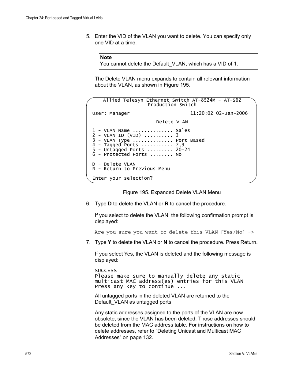 Figure 195: expanded delete vlan menu | Allied Telesis AT-S62 User Manual | Page 572 / 822