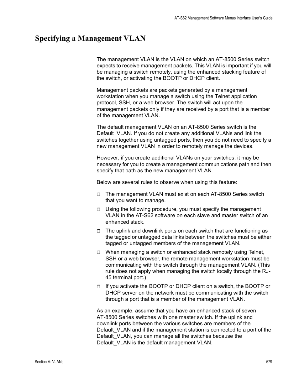 Specifying a management vlan | Allied Telesis AT-S62 User Manual | Page 579 / 822