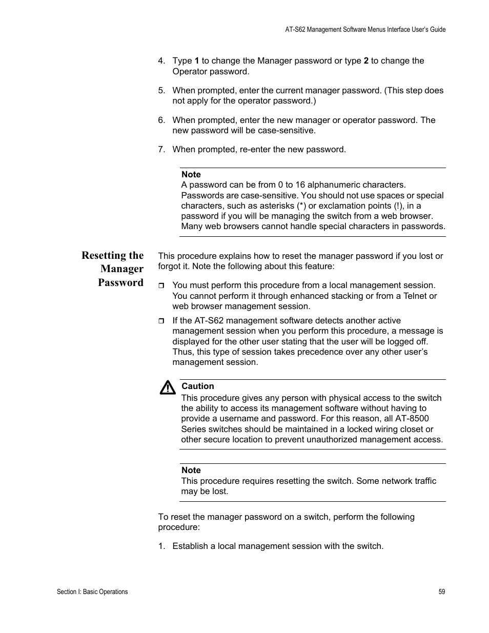 Resetting the manager password | Allied Telesis AT-S62 User Manual | Page 59 / 822