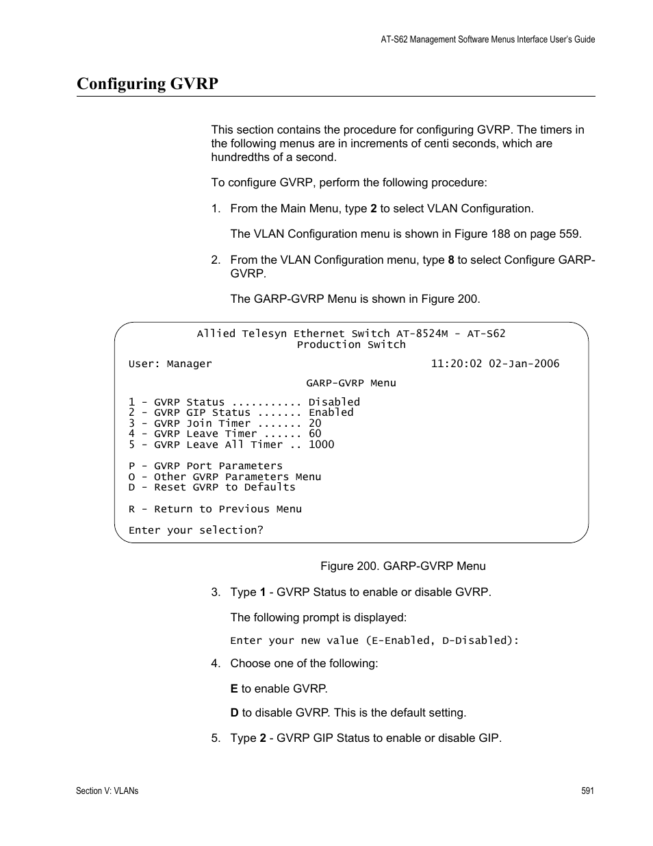 Configuring gvrp, Figure 200: garp-gvrp menu | Allied Telesis AT-S62 User Manual | Page 591 / 822