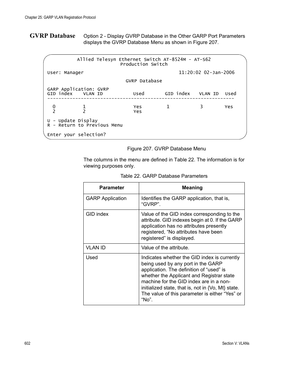 Gvrp database, Figure 207: gvrp database menu | Allied Telesis AT-S62 User Manual | Page 602 / 822