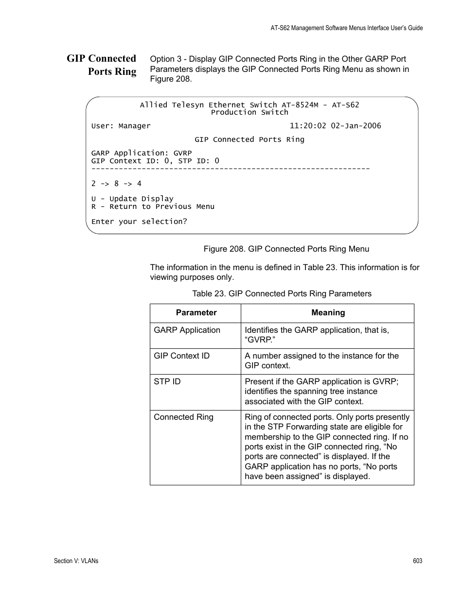 Gip connected ports ring, Figure 208: gip connected ports ring menu | Allied Telesis AT-S62 User Manual | Page 603 / 822