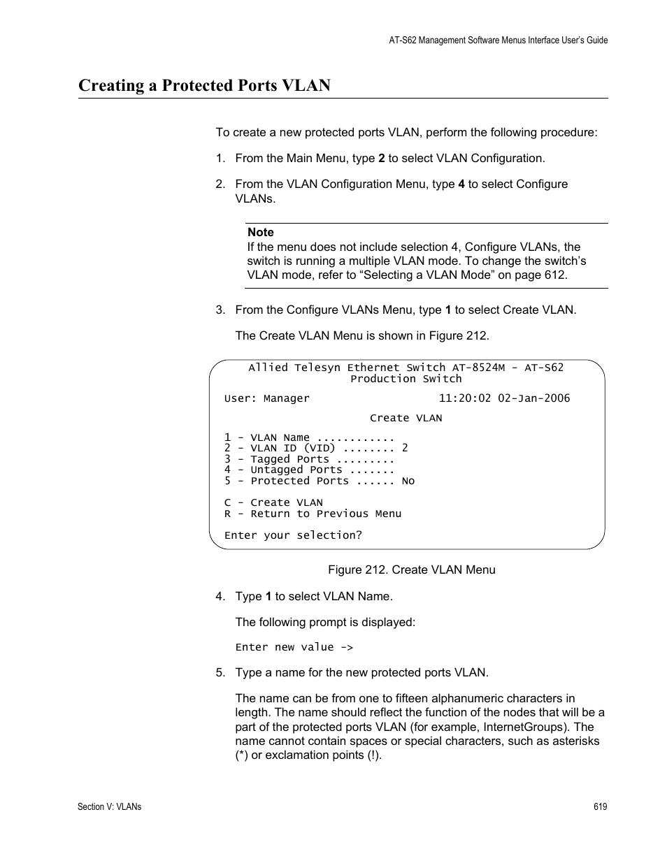 Creating a protected ports vlan, Figure 212: create vlan menu | Allied Telesis AT-S62 User Manual | Page 619 / 822