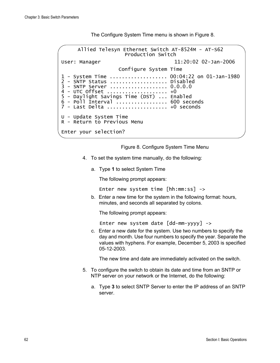 Figure 8: configure system time menu | Allied Telesis AT-S62 User Manual | Page 62 / 822