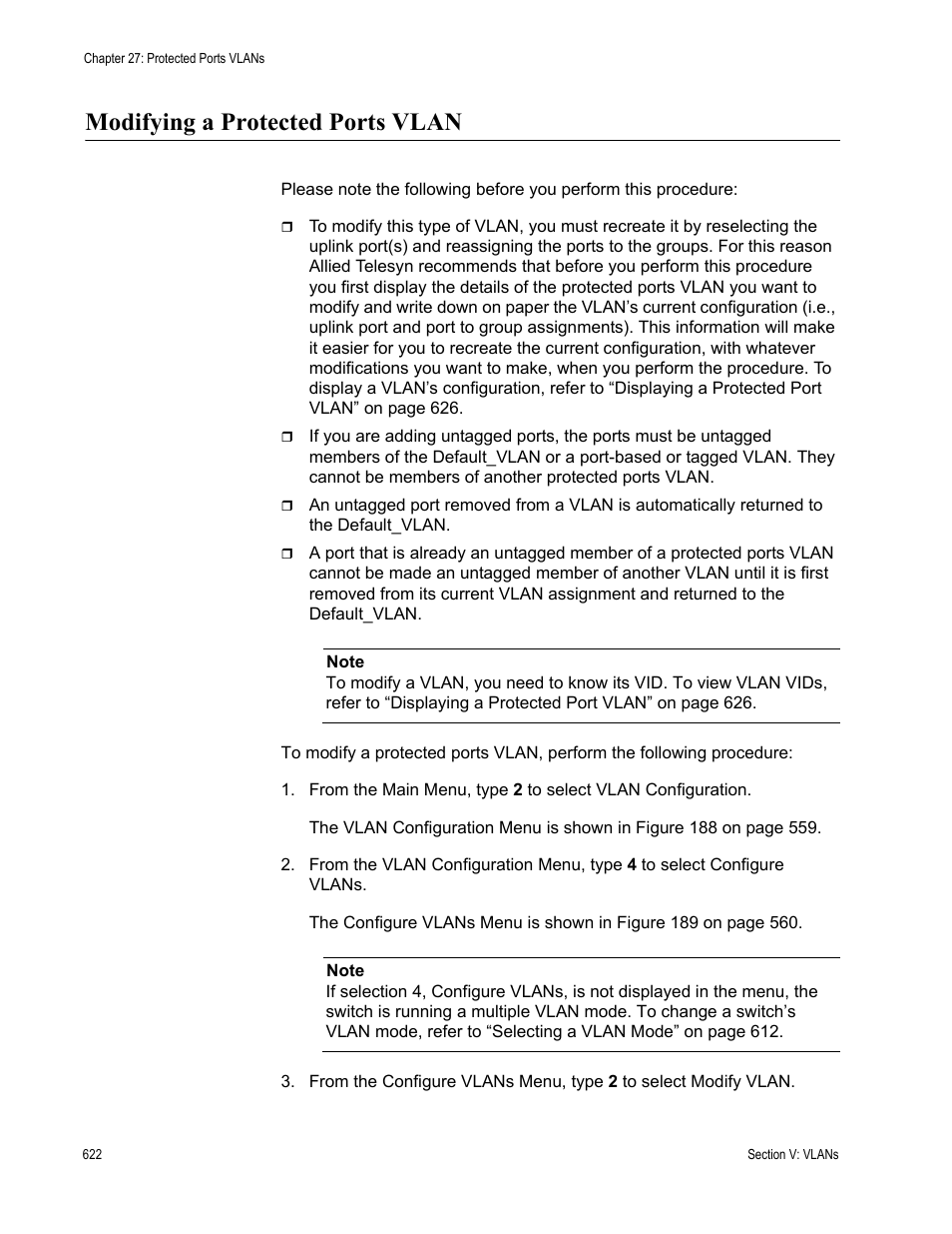 Modifying a protected ports vlan | Allied Telesis AT-S62 User Manual | Page 622 / 822