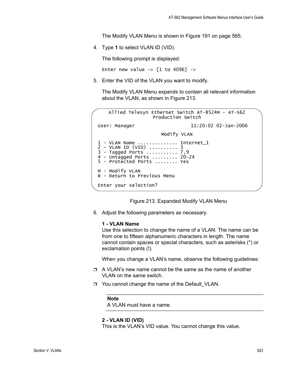 Figure 213: expanded modify vlan menu | Allied Telesis AT-S62 User Manual | Page 623 / 822