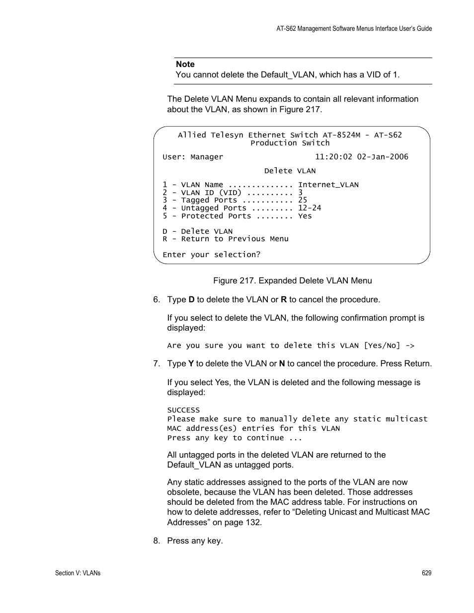 Figure 217: expanded delete vlan menu | Allied Telesis AT-S62 User Manual | Page 629 / 822