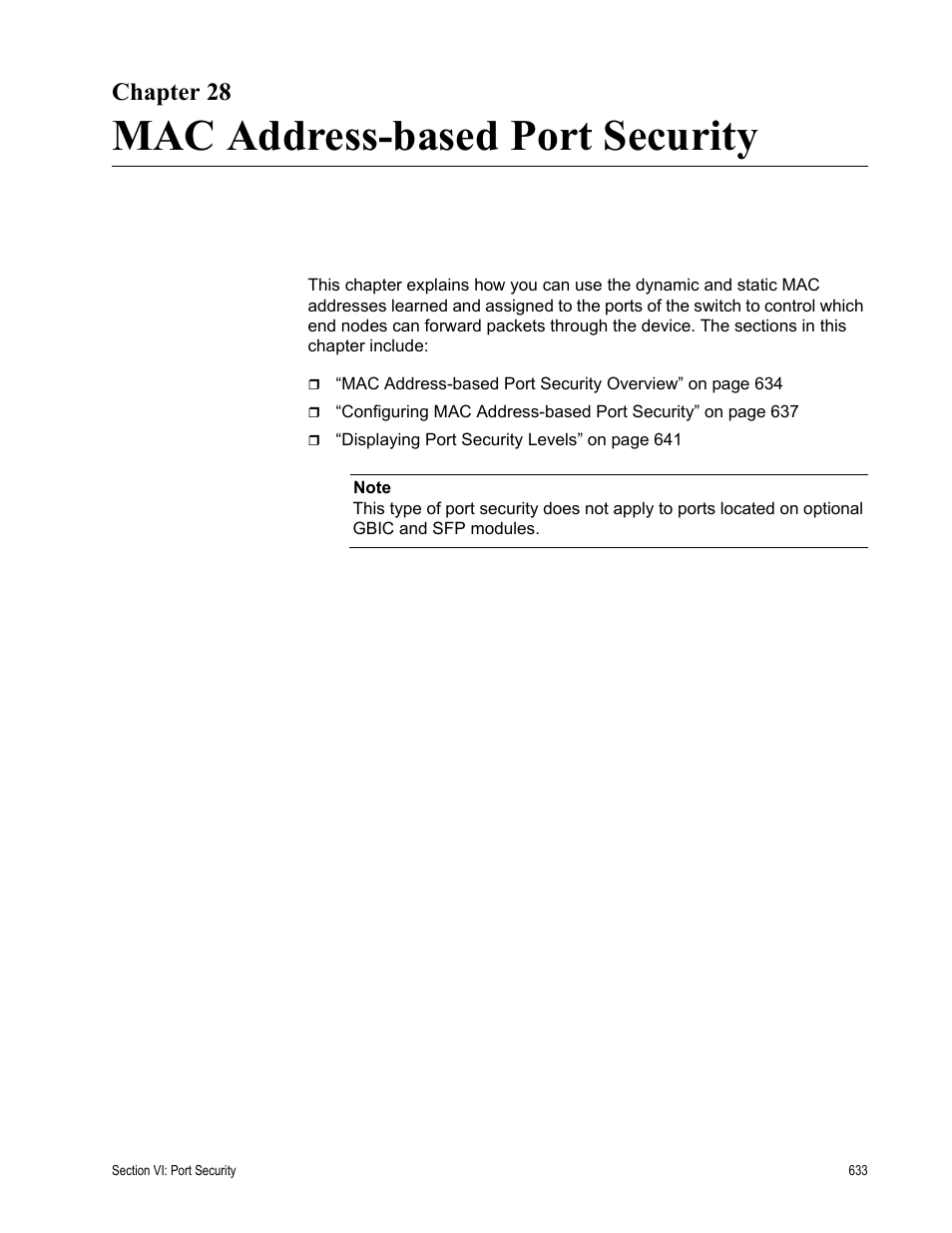 Chapter 28, Mac address-based port security, Chapter 28: mac address-based port security | Allied Telesis AT-S62 User Manual | Page 633 / 822