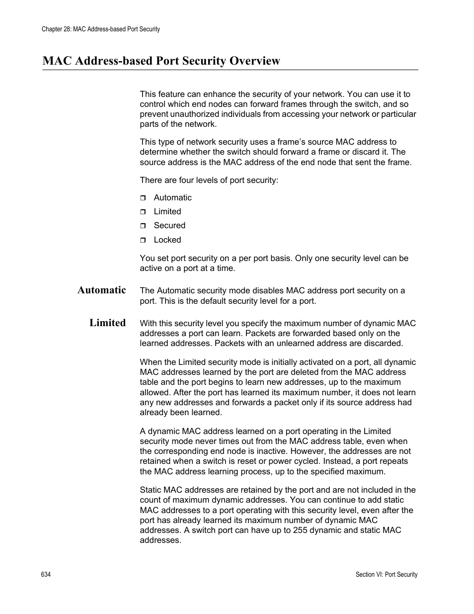 Mac address-based port security overview, Automatic, Limited | Automatic limited | Allied Telesis AT-S62 User Manual | Page 634 / 822