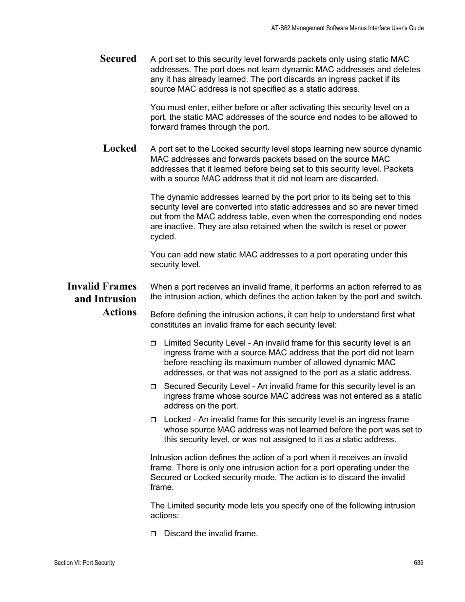 Secured, Locked, Invalid frames and intrusion actions | Allied Telesis AT-S62 User Manual | Page 635 / 822