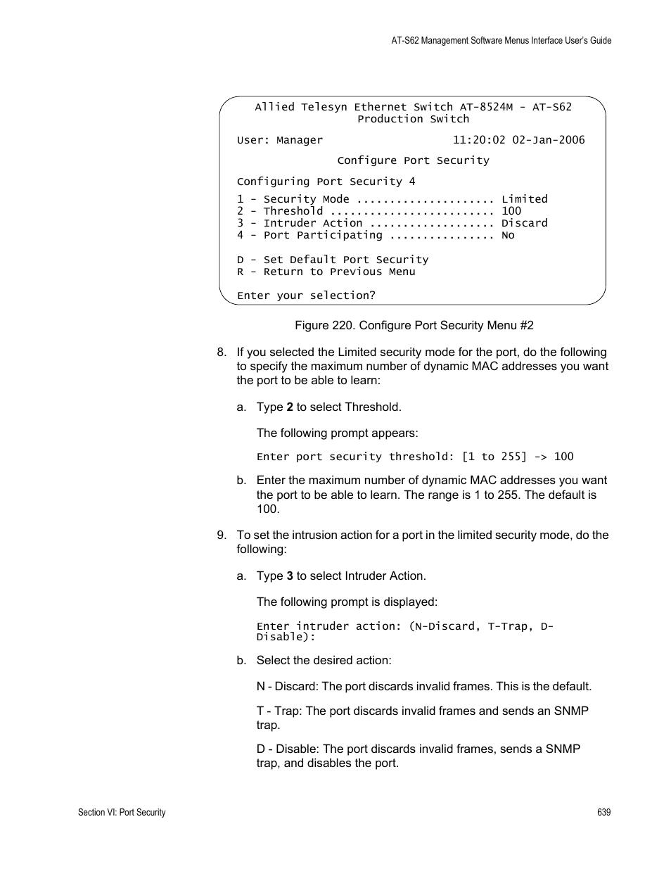 Figure 220: configure port security menu #2, In figure 220. cont | Allied Telesis AT-S62 User Manual | Page 639 / 822