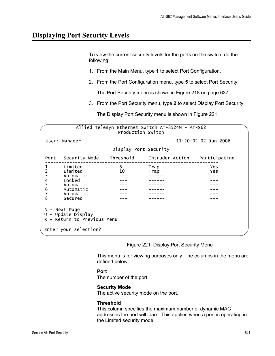 Displaying port security levels, Figure 221: display port security menu | Allied Telesis AT-S62 User Manual | Page 641 / 822