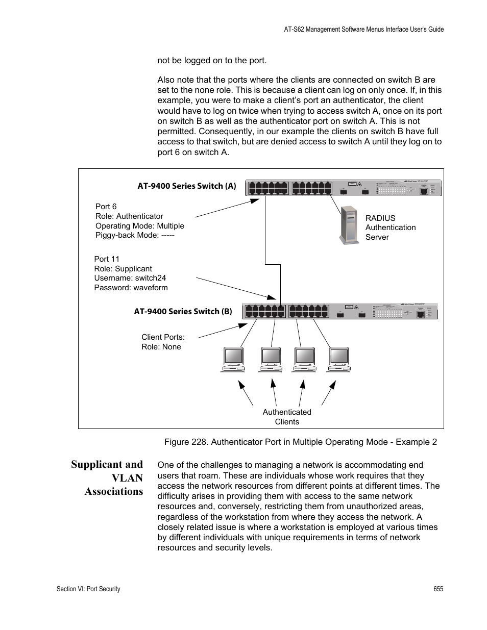 Supplicant and vlan associations, At-9400 series switch (b) | Allied Telesis AT-S62 User Manual | Page 655 / 822