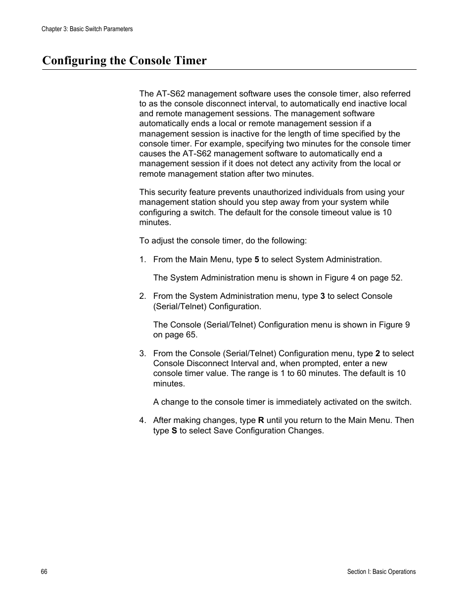 Configuring the console timer | Allied Telesis AT-S62 User Manual | Page 66 / 822