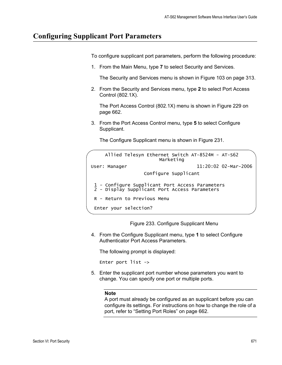 Configuring supplicant port parameters, Configure supplicant menu | Allied Telesis AT-S62 User Manual | Page 671 / 822