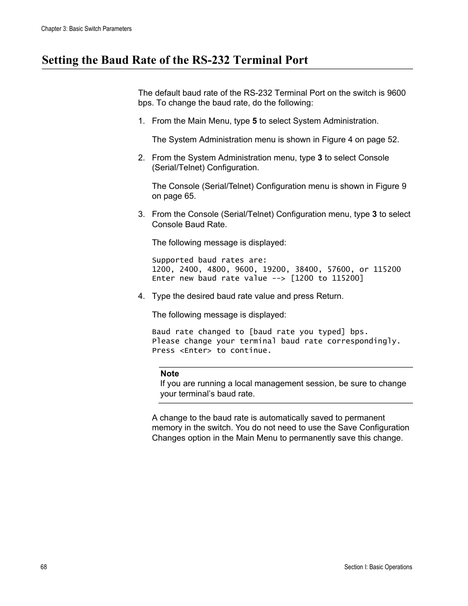 Setting the baud rate of the rs-232 terminal port | Allied Telesis AT-S62 User Manual | Page 68 / 822
