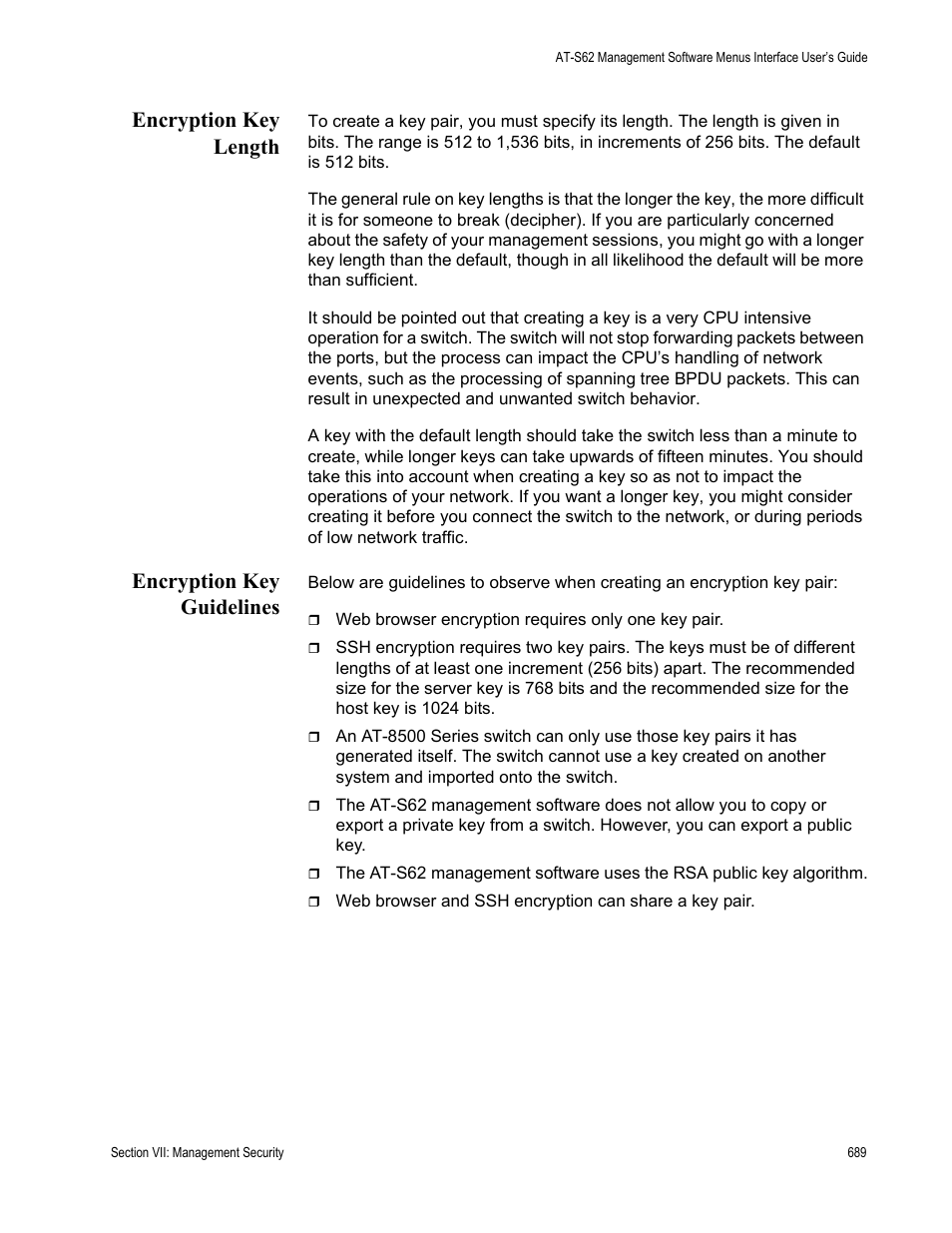 Encryption key length, Encryption key guidelines, Encryption key length encryption key guidelines | Allied Telesis AT-S62 User Manual | Page 689 / 822