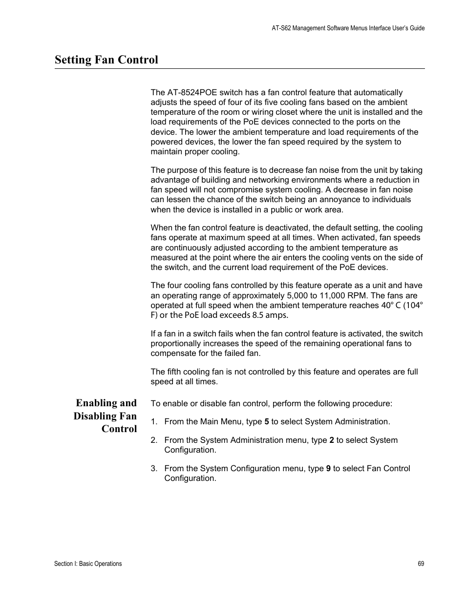 Setting fan control, Enabling and disabling fan control | Allied Telesis AT-S62 User Manual | Page 69 / 822