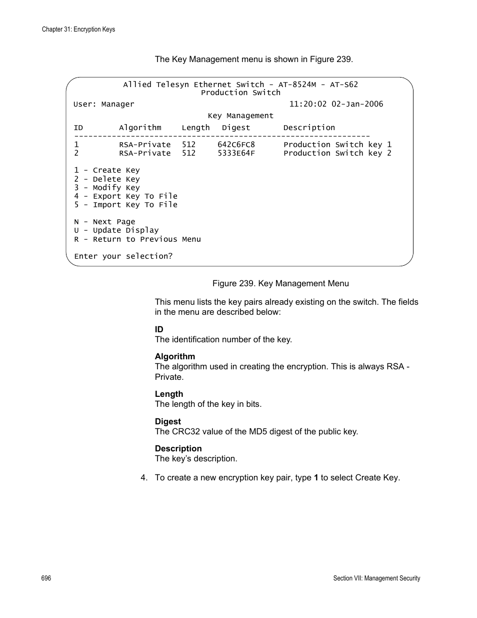 Figure 239: key management menu | Allied Telesis AT-S62 User Manual | Page 696 / 822