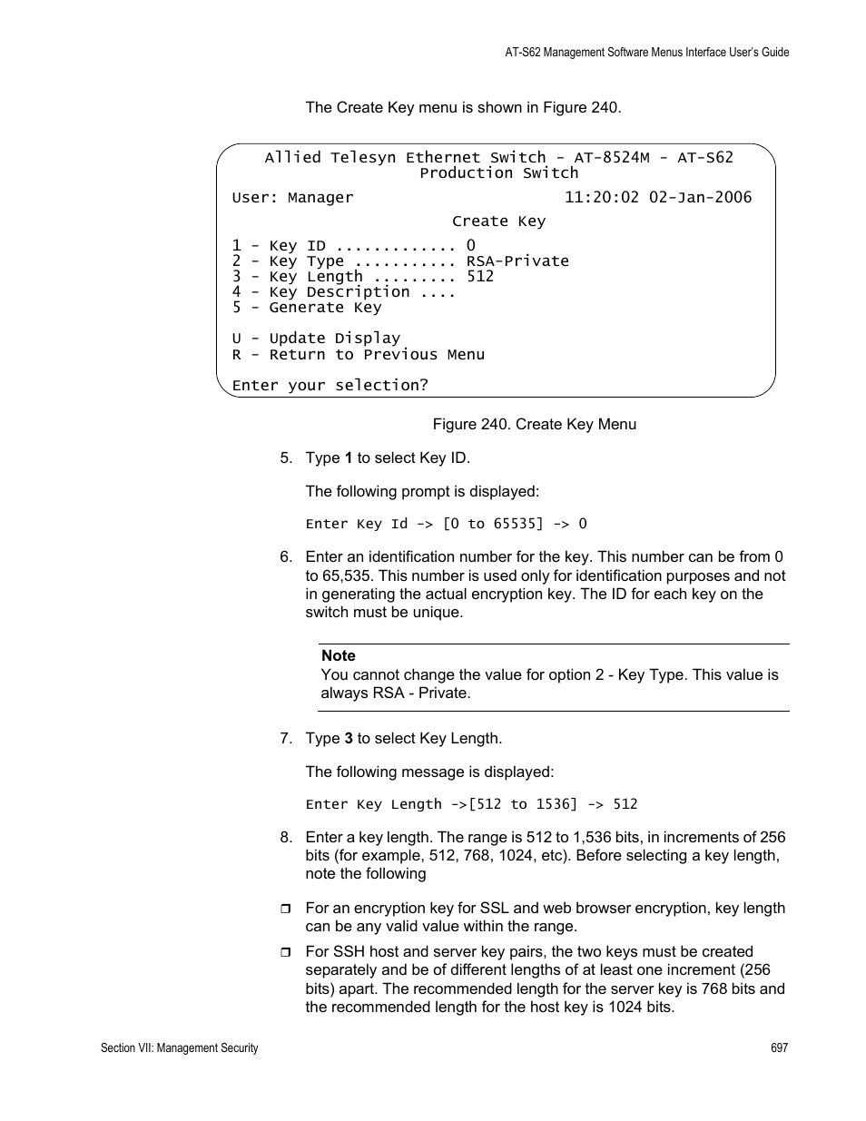 Figure 240: create key menu | Allied Telesis AT-S62 User Manual | Page 697 / 822