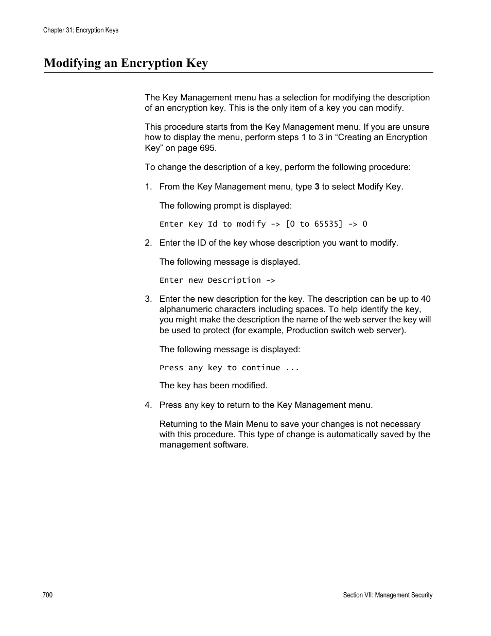 Modifying an encryption key | Allied Telesis AT-S62 User Manual | Page 700 / 822