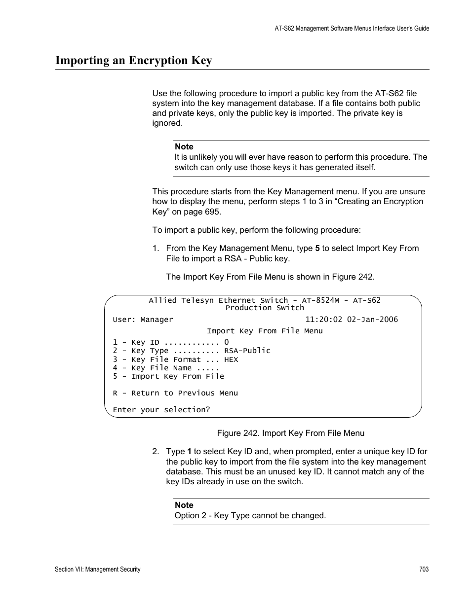 Importing an encryption key, Figure 242: import key from file menu | Allied Telesis AT-S62 User Manual | Page 703 / 822