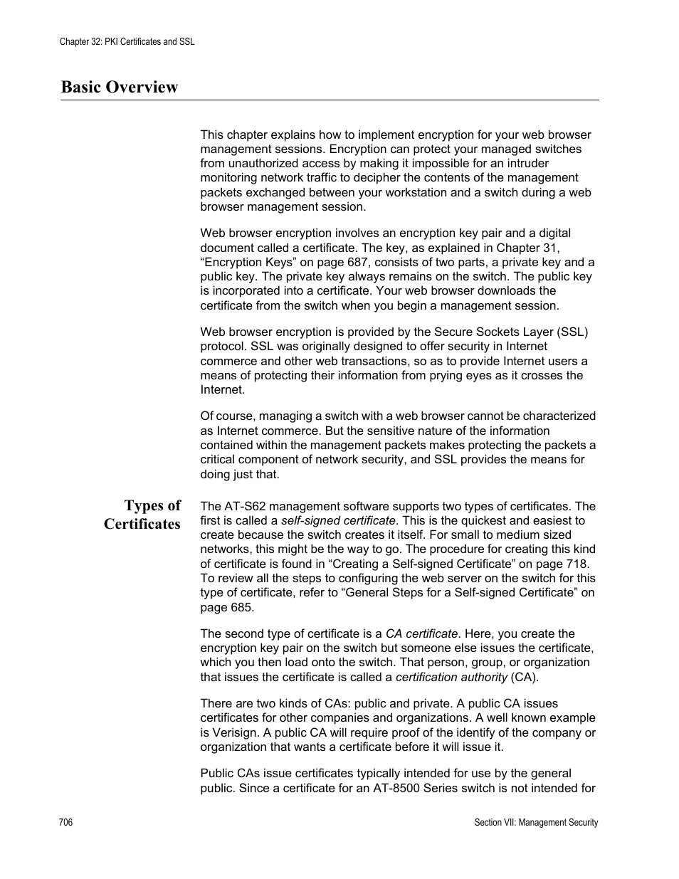 Basic overview, Types of certificates | Allied Telesis AT-S62 User Manual | Page 706 / 822