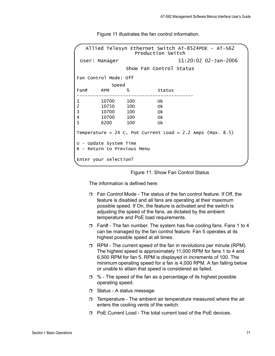 Figure 11: show fan control status | Allied Telesis AT-S62 User Manual | Page 71 / 822