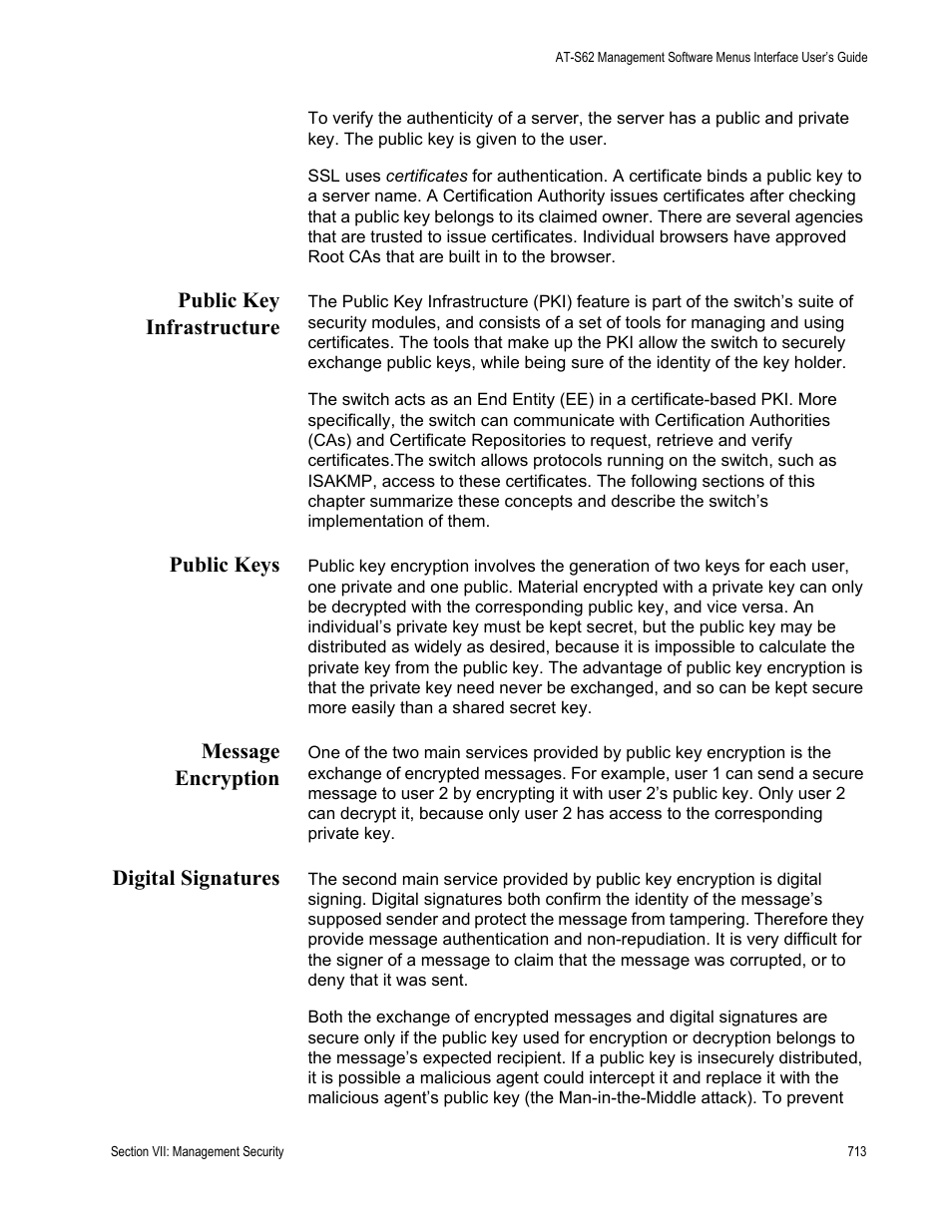Public key infrastructure, Public keys, Message encryption | Digital signatures | Allied Telesis AT-S62 User Manual | Page 713 / 822