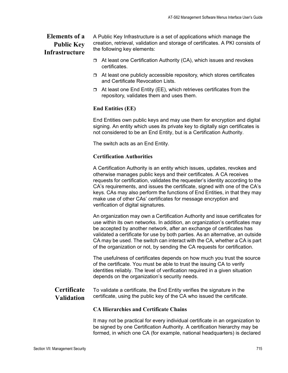 Elements of a public key infrastructure, Certificate validation | Allied Telesis AT-S62 User Manual | Page 715 / 822