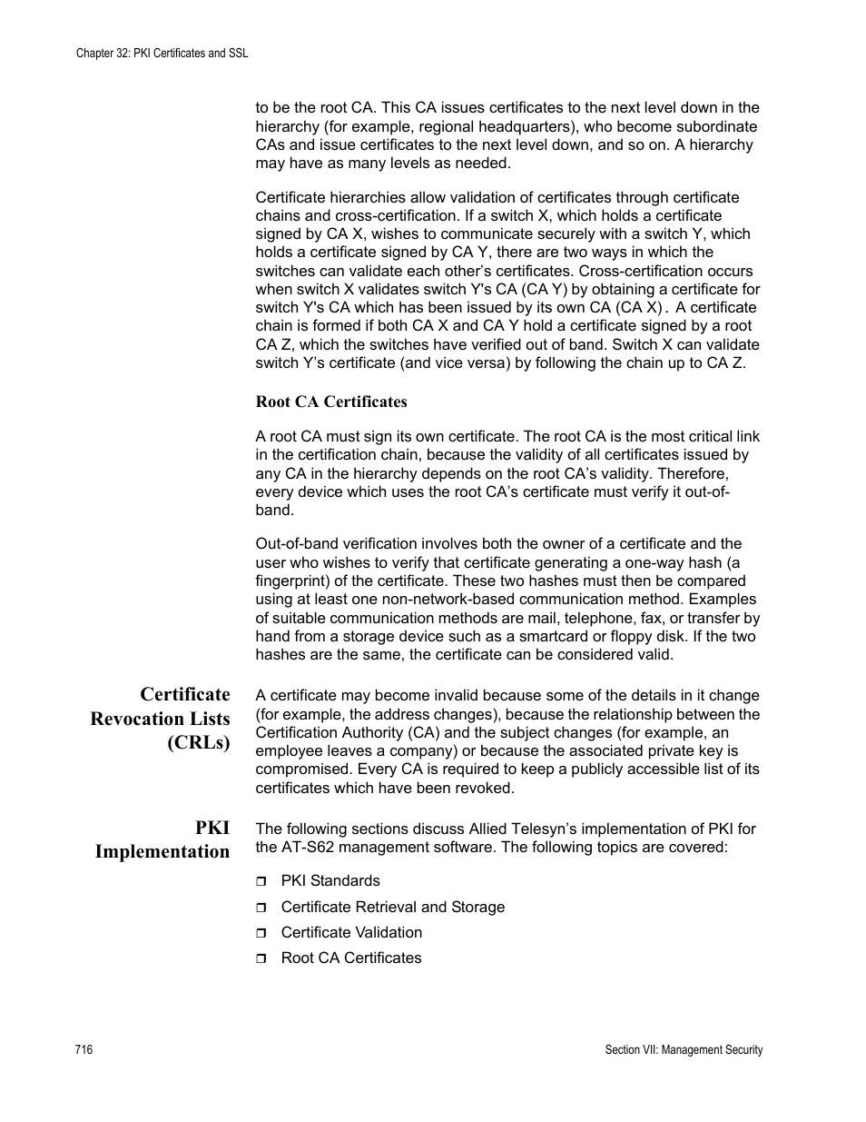 Certificate revocation lists (crls), Pki implementation | Allied Telesis AT-S62 User Manual | Page 716 / 822